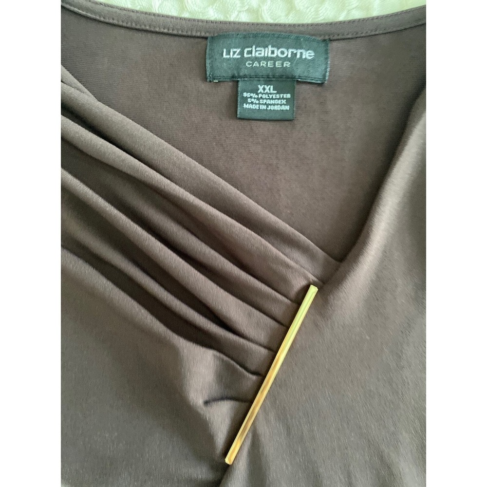 Liz Claiborne Career Brown‎ V-Neck Blouse Gold Hardware Bar 3/4 Sleeve XXL